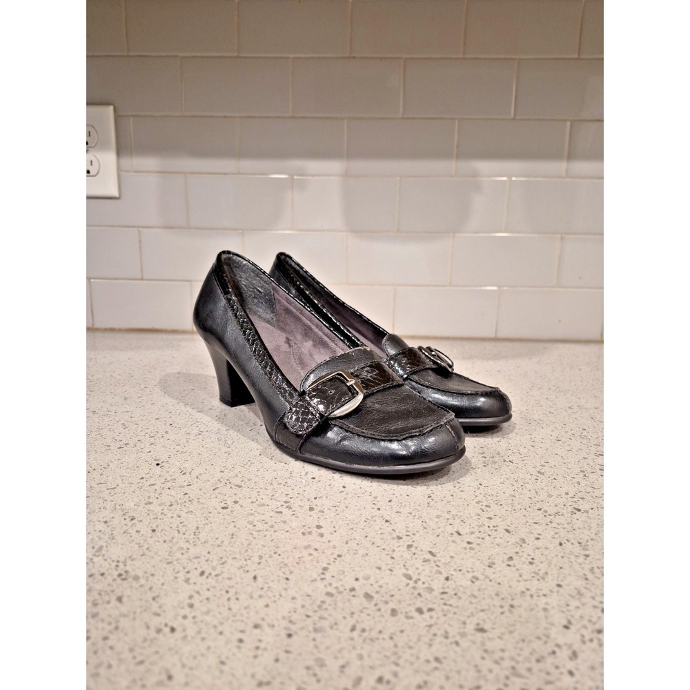 AEROSOLES Women Black Leather Loafer Wedge Pumps Shoe 9M